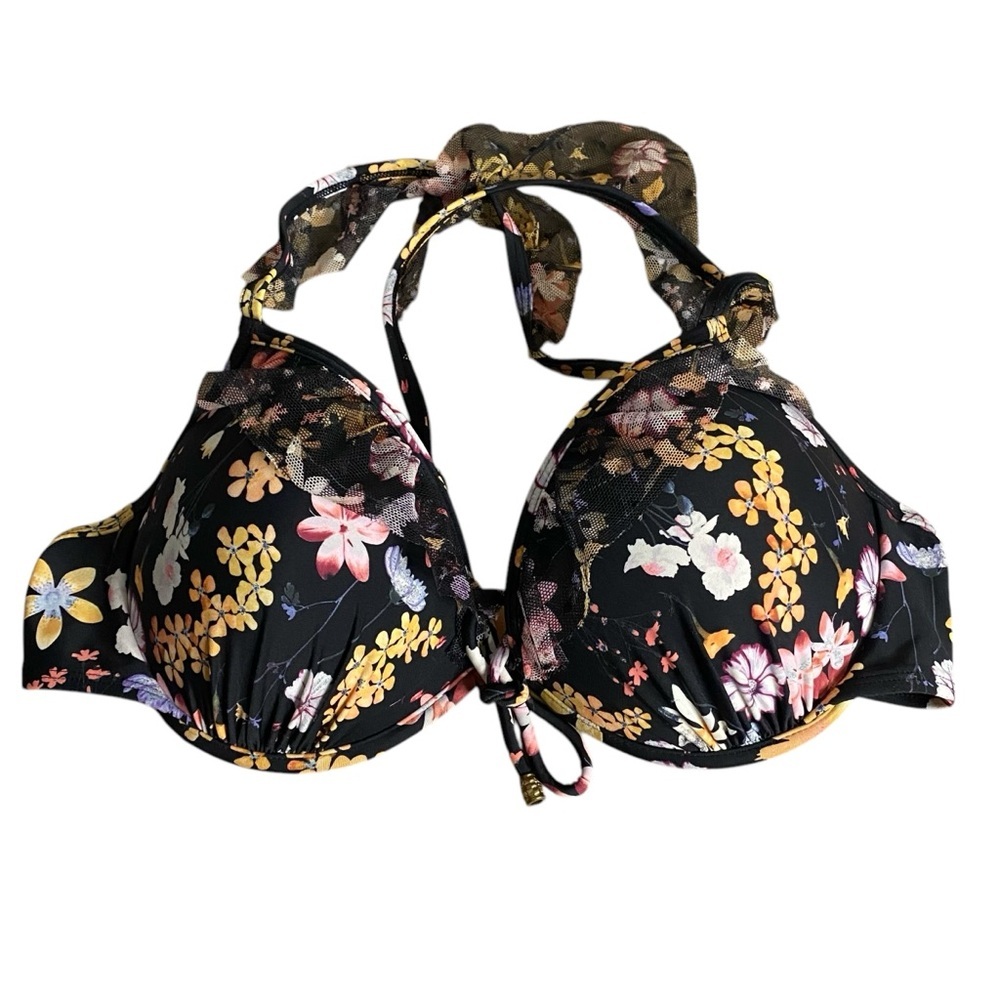 Time And Tru Women's Black Floral Lace Swim Bikini Halter Top